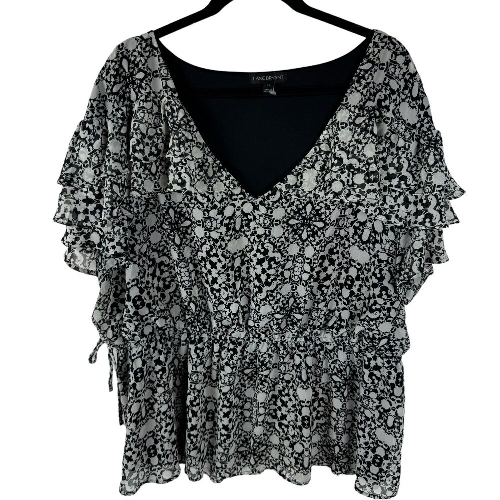 Lane Bryant Blouse Top Size 22 2X Black/Whtie Print V-Neck 3/4 Sleeves Lined